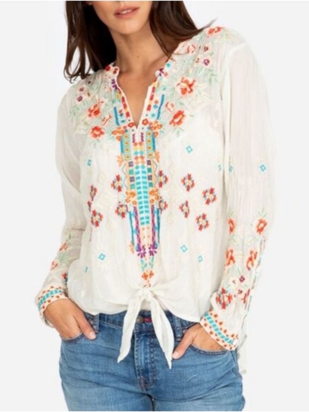 Johnny Was Donya Embroidered Tie-Front Long-Sleeve XL - Picture 8 of 8